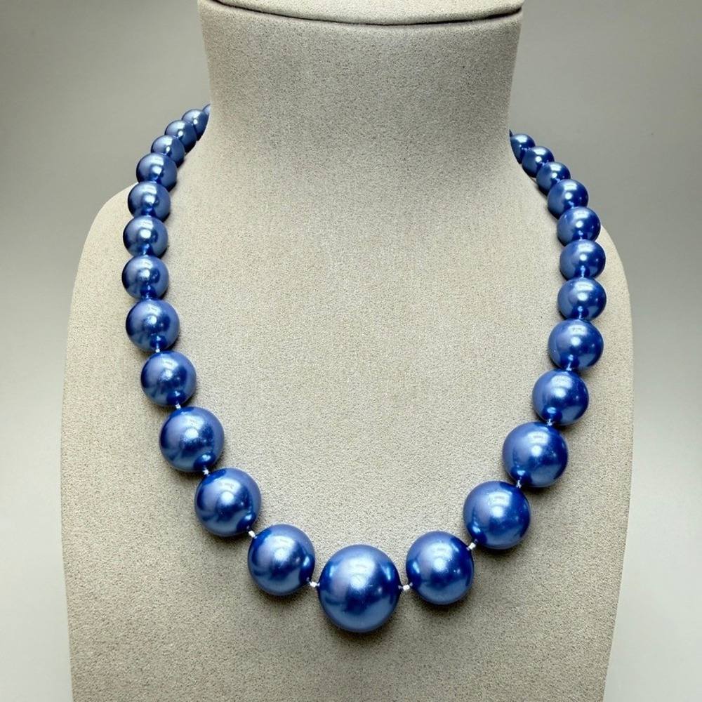 Vintage Blue Faux Pearl Graduated Necklace 19" MCM